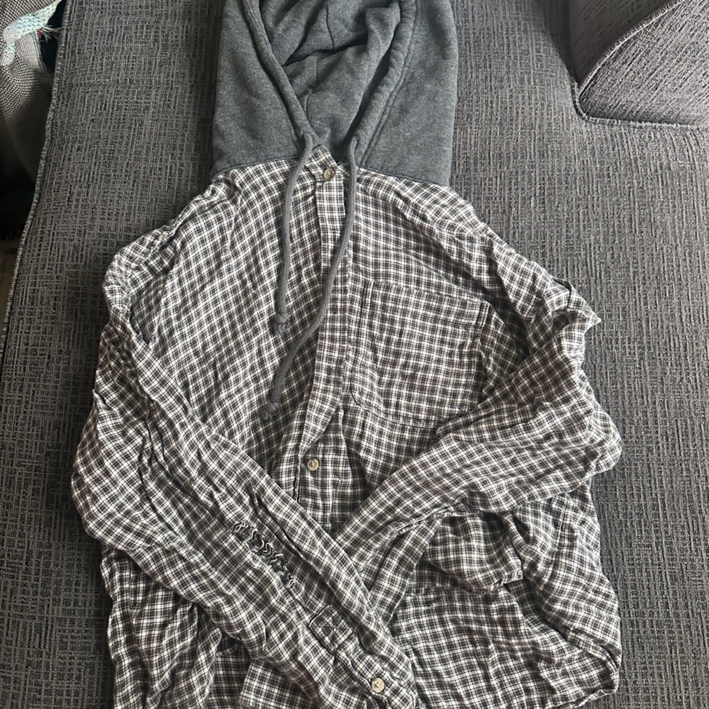 Plaid Button-Up Distressed Shirt with Gray Hoodie